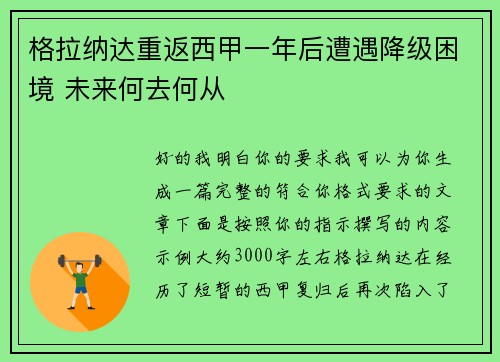格拉纳达重返西甲一年后遭遇降级困境 未来何去何从